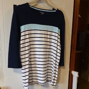 Kim Rogers Navy and White Striped Top with Light Blue Accent